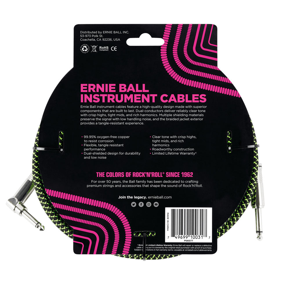 Ernie Ball Braided Instrument Cable 15FT - Black Green