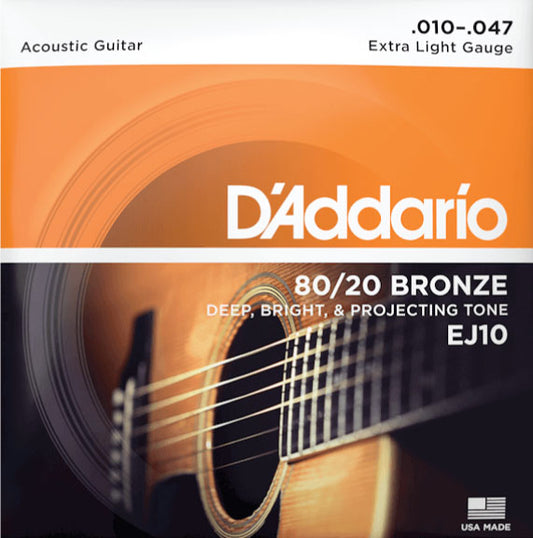 D'Addario EJ10 Extra Light 80/20 Bronze Acoustic Guitar Strings.