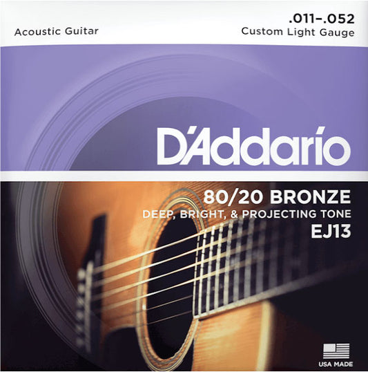 D'Addario EJ13 Custom Light 80/20 Bronze Acoustic Guitar Strings.